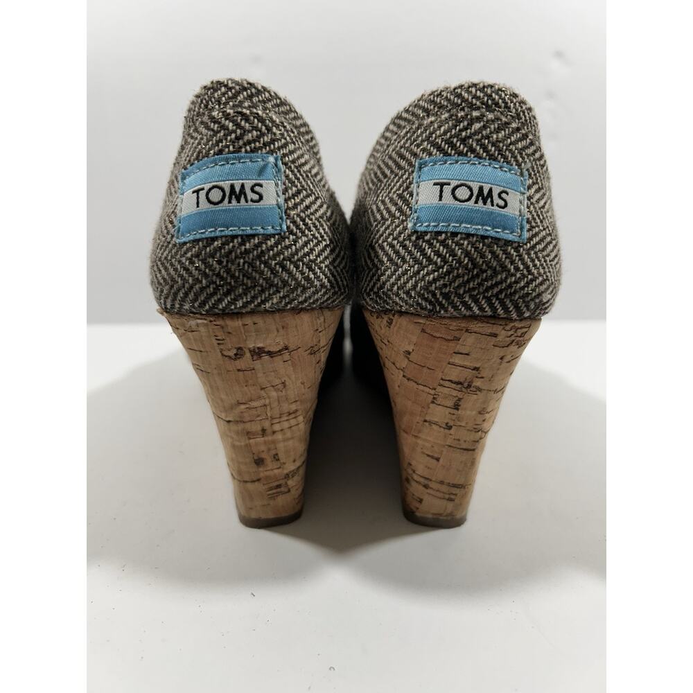 Toms Tweed Herringbone Brown Tan Peep Toe Cork Wedge Heel Women’s Size 6.5 - Picture 5 of 8